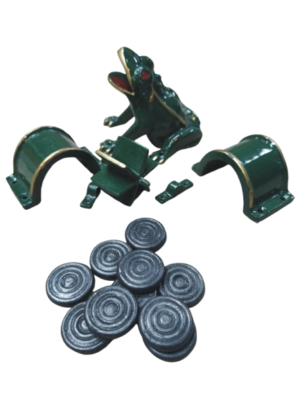 juego de la rana de fundición, una rana, dos puentes, un molinete y 10 fichas