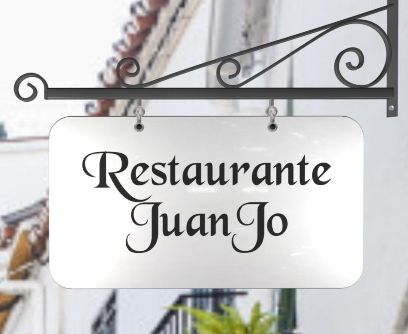 Letreros Vintage con fondo blanco y textos en negro soporte ornamental en hierro forjado